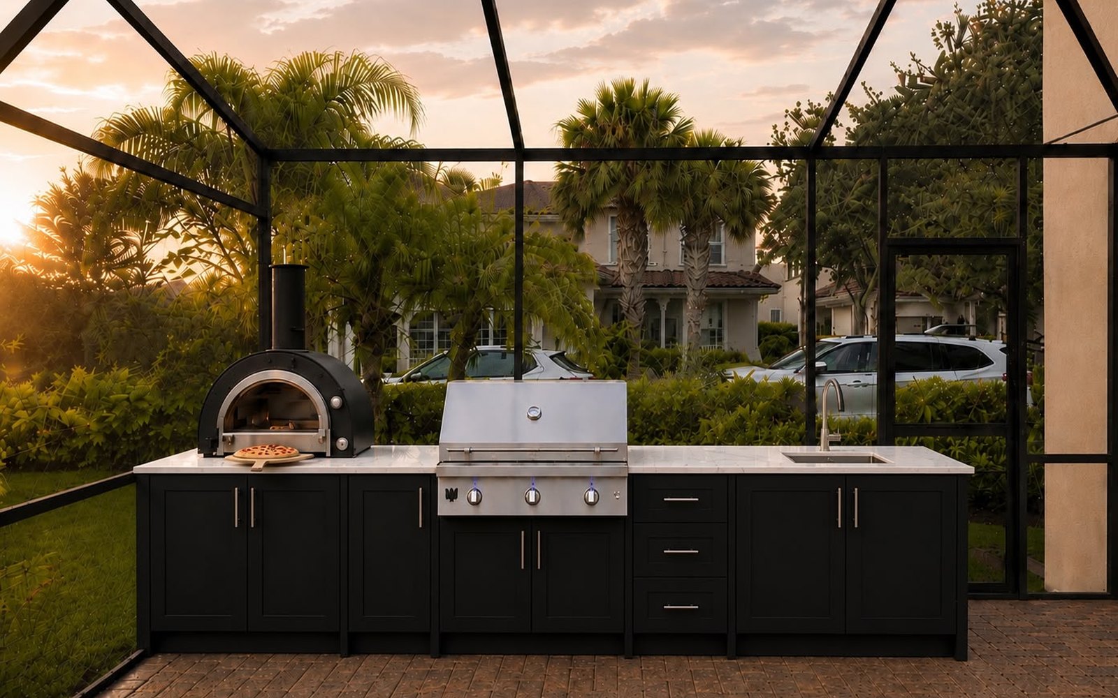 Outdoor kitchen concept render — black cabinetry in a screened lanai at sunset with a built-in grill and pizza oven