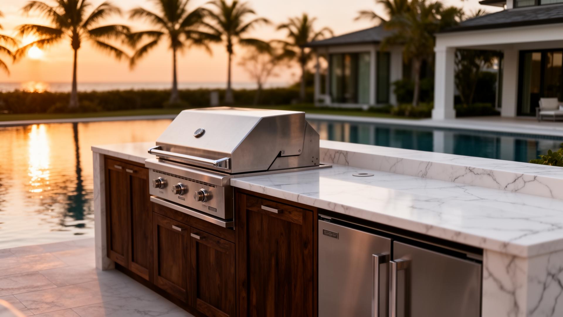 Luxury outdoor kitchen at a Central Florida luxury residence at golden hour with pool in the background