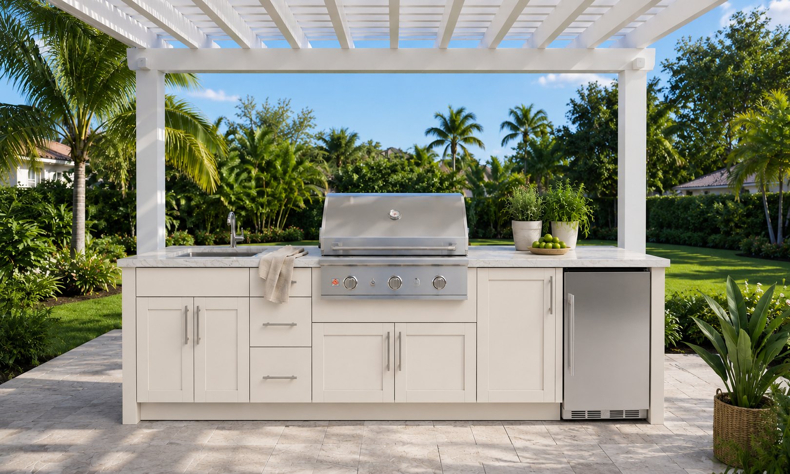 Outdoor kitchen concept render — white cabinetry with a built-in grill and refrigerator under a pergola